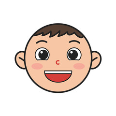 Obraz premium A cheerful cartoon illustration of a young child's face with wide, expressive eyes and a broad, open smile, featuring rosy cheeks and brown hair.