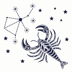 Scorpio constellation and scorpion zodiac sign in dark blue outline