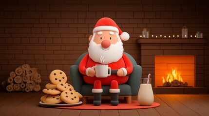 A jovial figure, seated before a roaring fireplace, extends the hand of holiday joy, surrounded by cookies and a warm beverage, ready for the season's warm embrace.Generative ai illustration