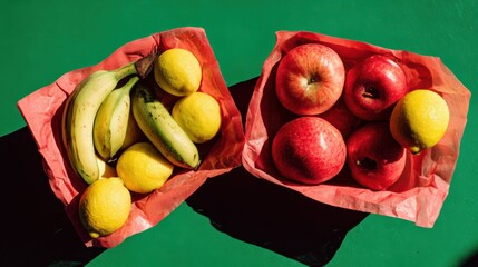 Vibrant fresh fruits arranged creatively apples lemons and bananas on a green surface bright and balanced still life shot
