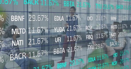 Female presenter gesturing at flickering stock data and marking board explaining market trends - Powered by Adobe