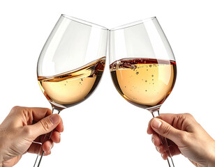 Two wine glasses clink, filled with liquid, as hands touch in a celebratory gesture