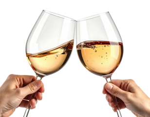 Two wine glasses clink, filled with liquid, as hands touch in a celebratory gesture