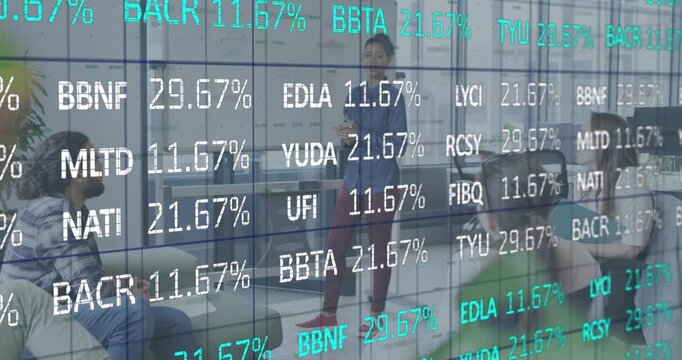 Female presenter gesturing at flickering stock data and marking board explaining market trends