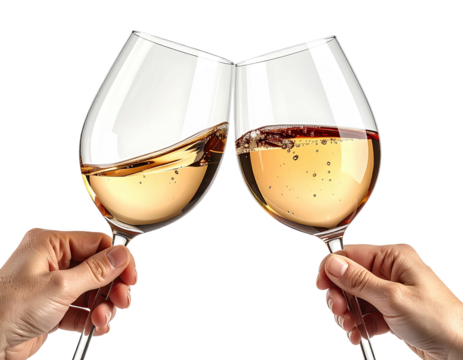 Two wine glasses clink, filled with liquid, as hands touch in a celebratory gesture