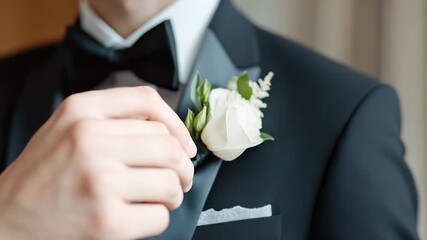 A formal gentleman wearing a tuxedo and holding a white rose, suitable for use in luxury events or romantic occasions