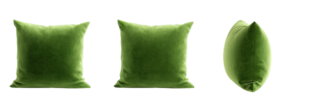 Three different views of a solid olive green velvet pillow