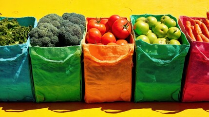 Vibrant assortment of fresh organic produce elegantly arranged in colorful fabric bags against yellow background