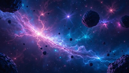 A vibrant nebula with asteroids floating in space, showcasing cosmic beauty and the mysteries of the universe with purple and blue hues