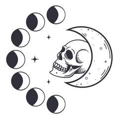 Skull and Moon Phases Celestial Illustration crescent moon