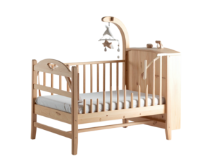 Wooden baby crib with built-in storage and mobile over a white mattress