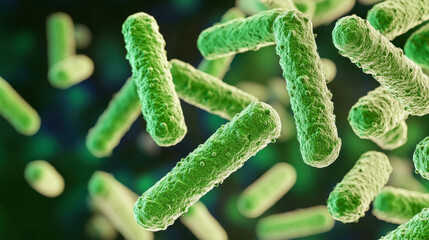 Microscopic view of bacteria showcasing vibrant green structures in a dark environment
