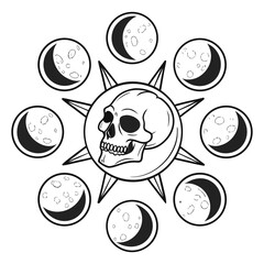 Skull and moon with radiating spiky halo and lunar phases