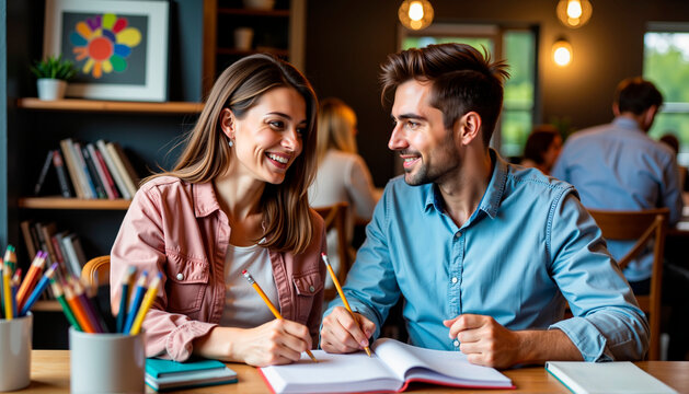 Young couple studying together and smiling at each other in café   - Powered by Adobe