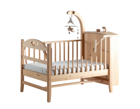 Wooden baby crib with built-in storage and mobile over a white mattress