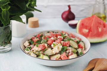 Watermelon and cottage cheese salad served for lunch	
