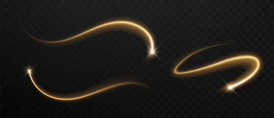 Falling gold star sparkle set. Glowing magic line with dust swirl and shiny flare vector © Ann_Sereda