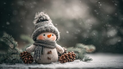 Charming Snowman with Knitted Hat and Scarf in Winter Scene  Festive Holiday Atmosphere of Falling Snow and Evergreen Backdrop