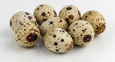 Close up of speckled quail eggs on a white background