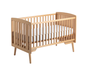 Light wood baby crib with vertical slats and mattress, on a black background