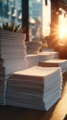 Stacks of Blank Papers in Sunlit Office with Corporate Atmosphere