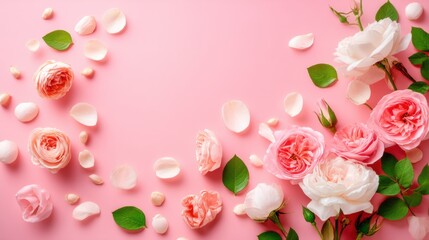 Charming Rose Arrangement on Pink Backdrop Delicate Floral Composition Freshness Beauty Femininity Aesthetic Floral Design Valentines