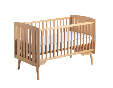 Light wood baby crib with vertical slats and mattress, on a black background