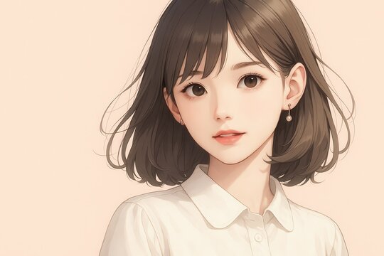 Realistic digital illustration portrait of a beautiful young Asian woman with short brown hair and white shirt - Powered by Adobe