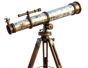Antique brass and wood telescope on a tripod, pointed at an unseen destination