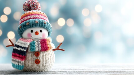 Knitted snowman doll adorned with colorful hat and scarf on a snowy wooden background in winter season with blurred bokeh lights