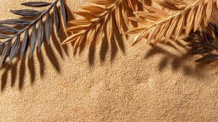 Exotic sand background with dried palm leaves in brown and dark tone at the top studio shoot