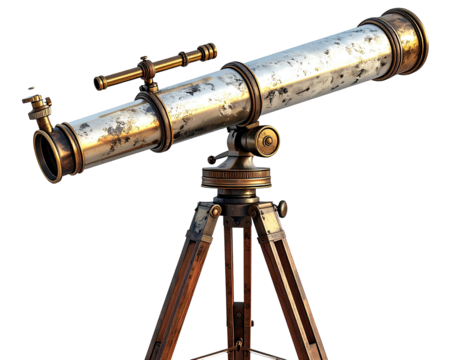 Antique brass and wood telescope on a tripod, pointed at an unseen destination