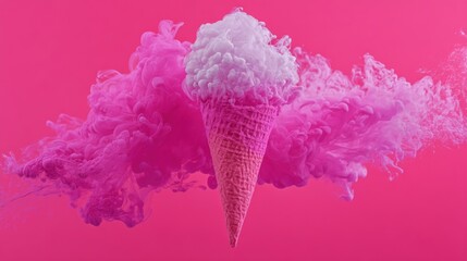 Whimsical ice cream cone amidst pink clouds vibrant dessert photography against bright backdrop dreamy surreal