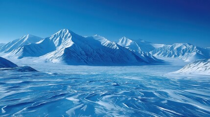 Captivating panorama of snow covered arctic mountains under a clear blue sky majestic cold environment