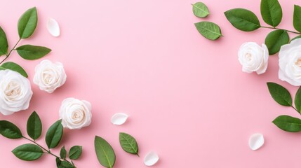 Delicate White Rose Arrangement on Soft Pink Backdrop Ideal for Invitations and Elegant Visual Composition