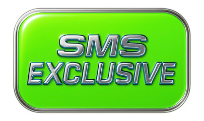 Glossy green tag sticker with SMS EXCLUSIVE offer in metallic style, eye-catching retail promo on transparent background.