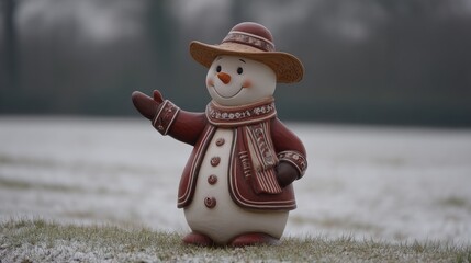 Charming snowman figurine dressed with hat scarf and jacket standing in snowy field on winter day