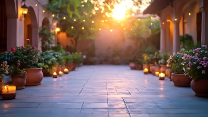 Blurred outdoor scene at sunset.  Soft focus on plants with pink flowers, with warm golden bokeh from string lights - Powered by Adobe