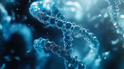Detailed close-up of a DNA strand highlighting its structure and molecular features under dramatic lighting
