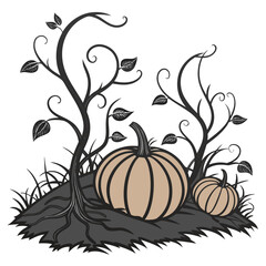 Naklejka premium Stylized pumpkins and bare branches on white background