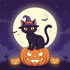 Black Cat Sitting on Pumpkin with Full Moon Halloween Illustration