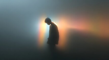 Blurred human silhouette under ethereal gradient light with dramatic cinematic lightning.