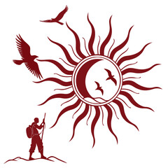 Sun Symbol with Moon, Birds and Hiker Silhouette crescent