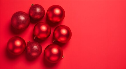 Overhead view of several shiny red Christmas ornaments arranged against a solid red background.