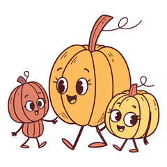 Three happy cartoon pumpkins walking together Keywords: pumpkin, autumn, fall, happy, family