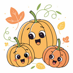 Three happy cartoon pumpkins with autumn leaves fall