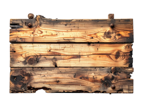 Rustic wooden sign, three planks, bolted together, aged texture, isolated on black