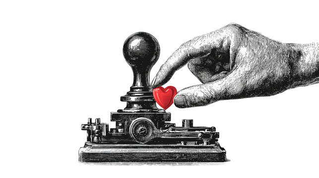 Transmitting Love: A Telegraph Key Pressing a Red Heart on a Black Background
