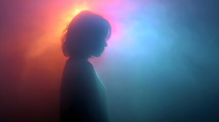 A blurry human shadow emerges within a vibrant, ethereal spectrum of cinematic light streaks.