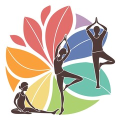 Vector illustration of yoga poses with silhouettes of people and a vibrant lotus background in rainbow colors. Concept of wellness, meditation, mindfulness, and healthy lifestyle.